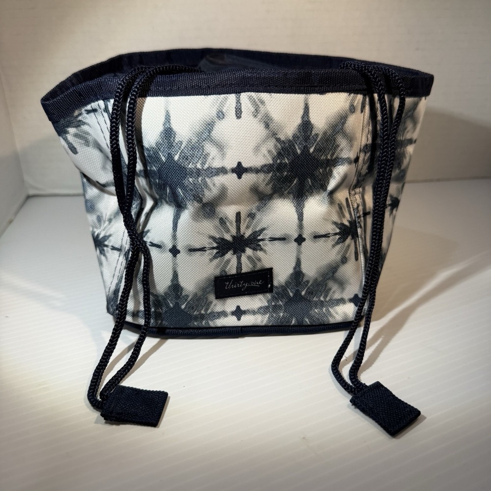 Thirty One Tote Cinch Up Bin Bag Indigo Burst Navy White Design Storage New